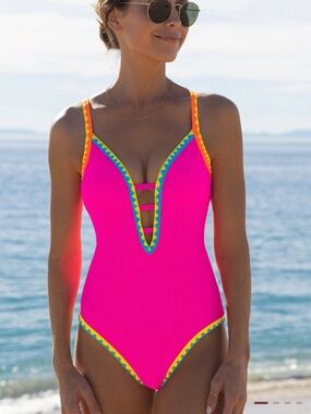 Popvil Shell Trim Front Strappy Back Tie Hotpink One Piece Swimsuit NWT - XXL